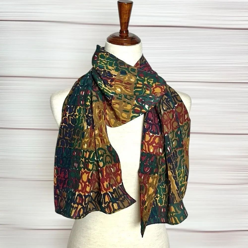 Silk Oblong Scarf Green Tan Terracotta Abstract Print Hand Rolled 14x59 inches